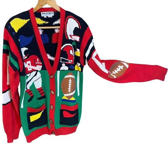 Vintage Jack B. Quick Football Cardigan Sweater 80s Sports Knit Medium hong kong - Picture 1 of 11